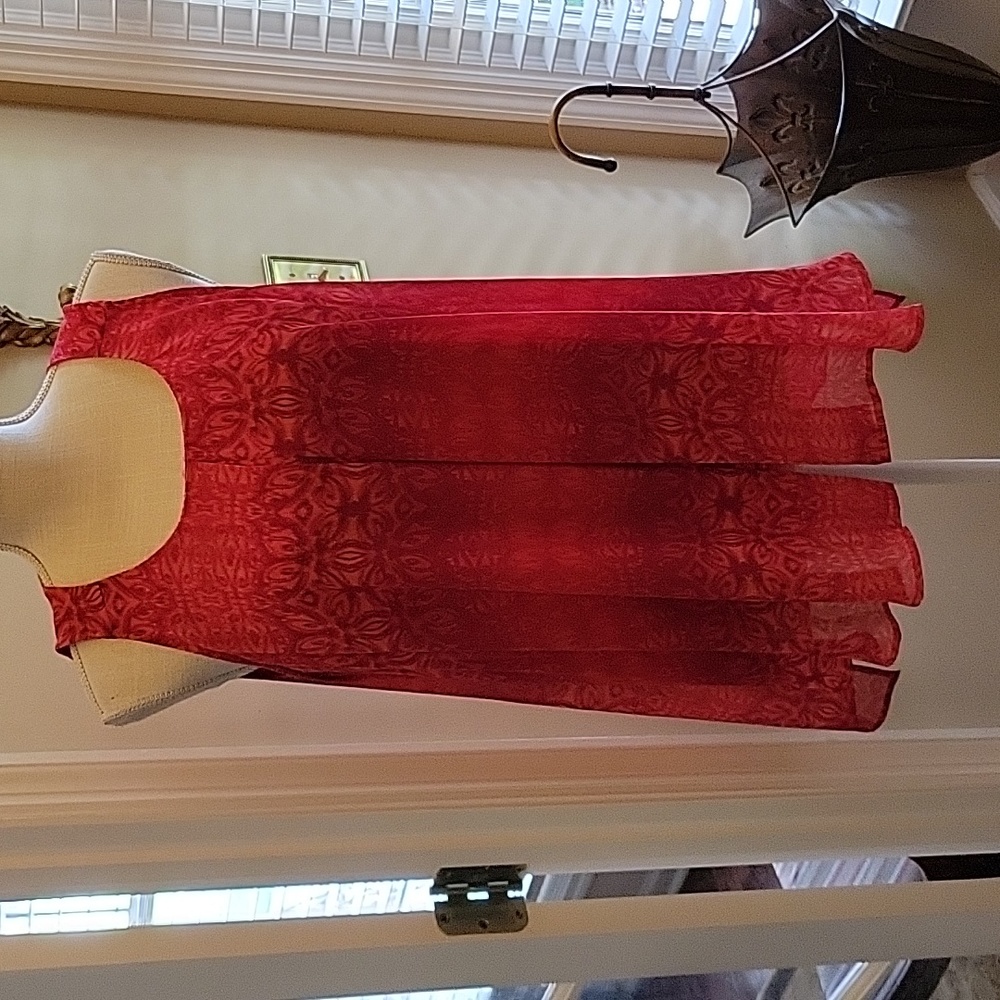 New Directions pink orange wine print sleeveless Aline top sheer sheer M EUC …